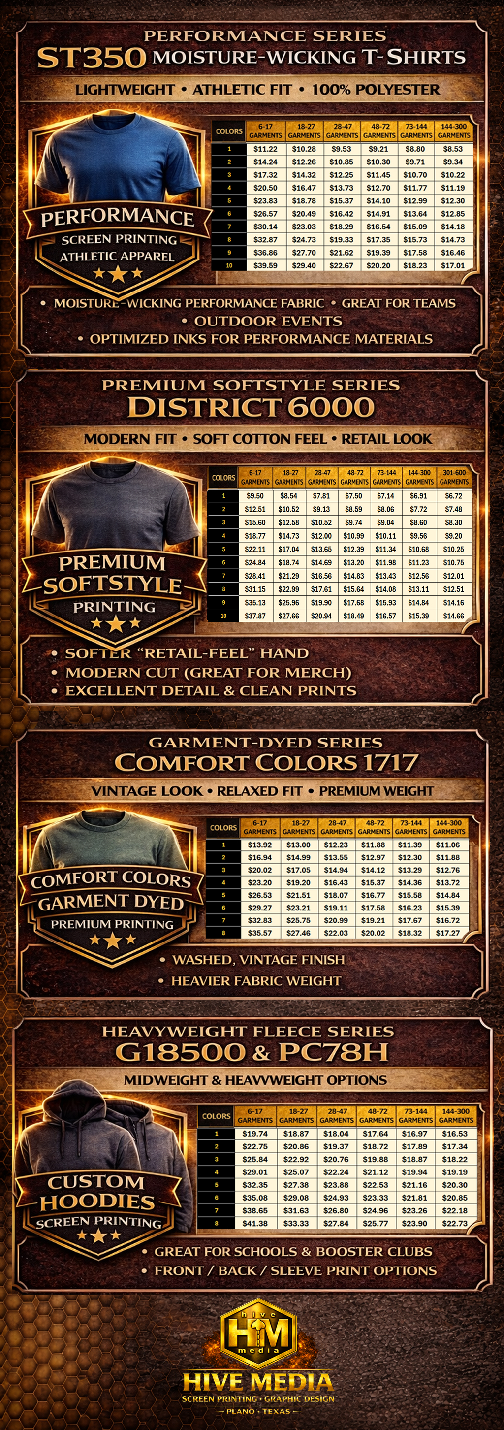 Performance ST350, District 6000, Comfort Colors 1717 and G18500 PC78H hoodie screen printing pricing in Plano TX